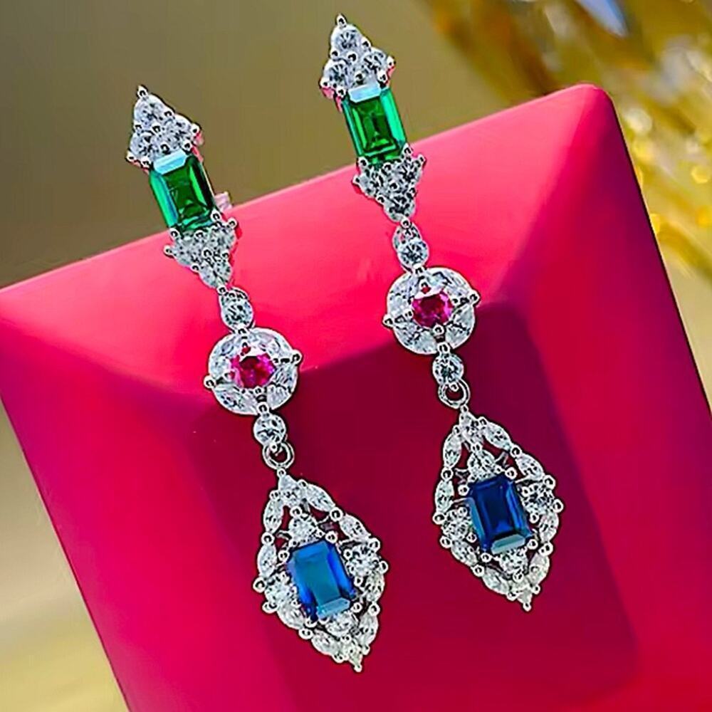 Zircon Sapphire Emerald Pink Dangle Earrings Wedding Anniversary Bridal